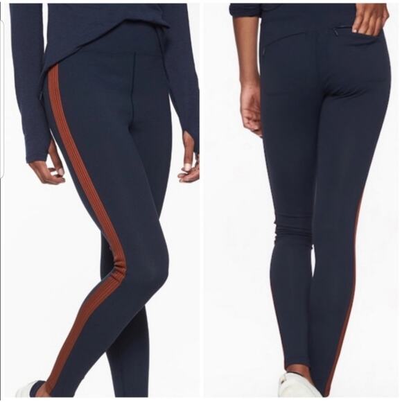 Athleta Leggings Womens Medium Navy Rust Track Tux Side Stripe Skinny Minimalist - Picture 1 of 11